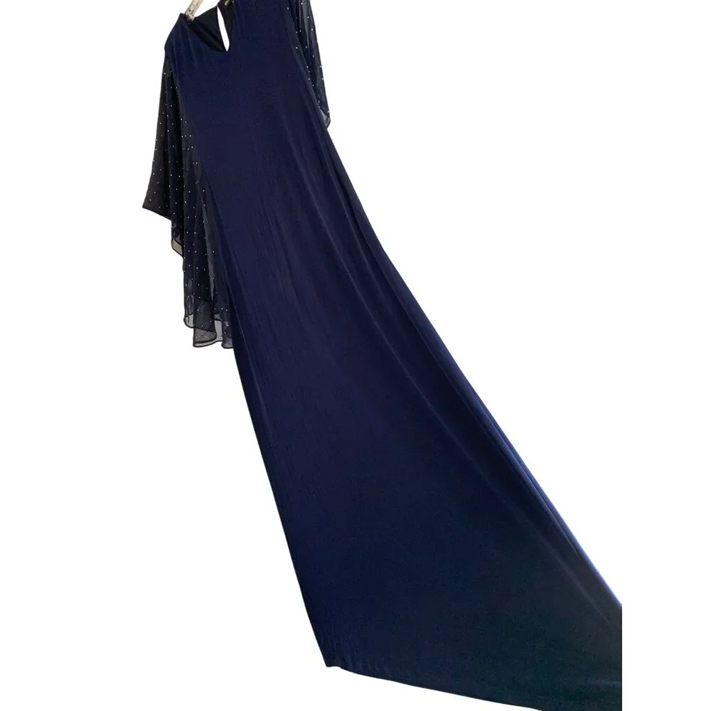 New Glamour Navy Formal Gown Sheer Bead Flutter Sleeves Size 14 - Picture 3 of 8